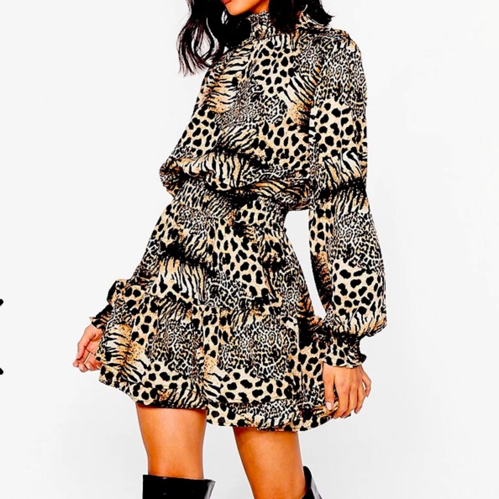 NWT Leopard High Neck Shirred Mini Dress